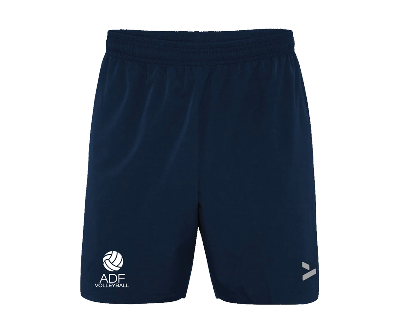Navy blue shorts with logos on a white background