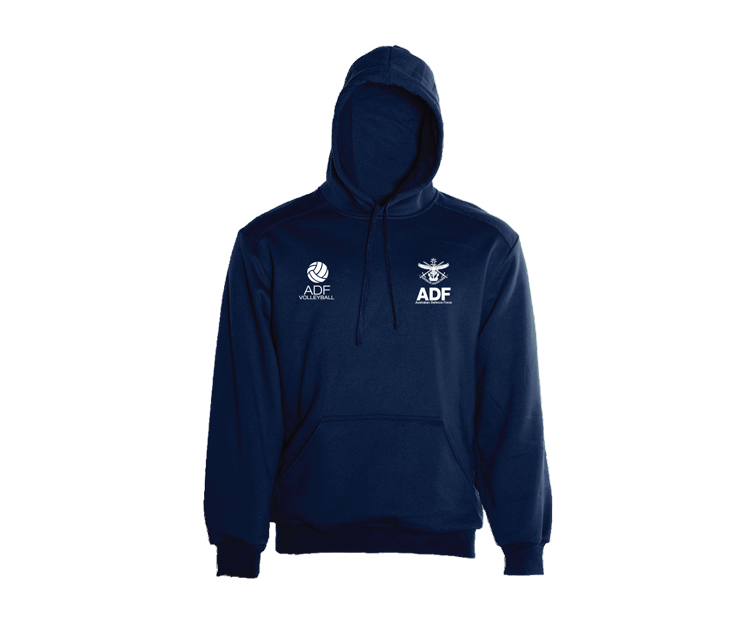 Navy blue hoodie with ADF logo on a white background