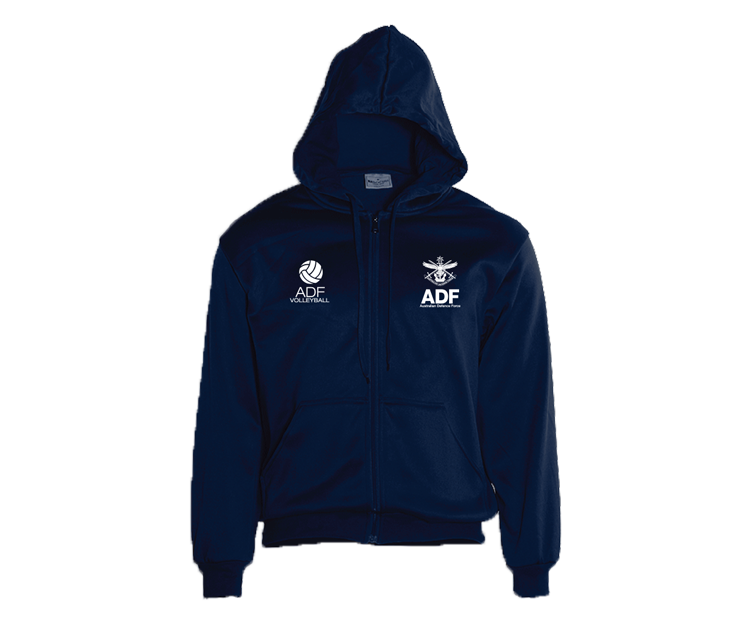 Navy blue hoodie with ADF logo on a white background