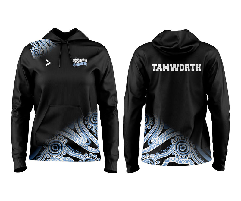 Black hoodie with intricate design on front and 'Tamworth' text on back, displayed from front and back views.